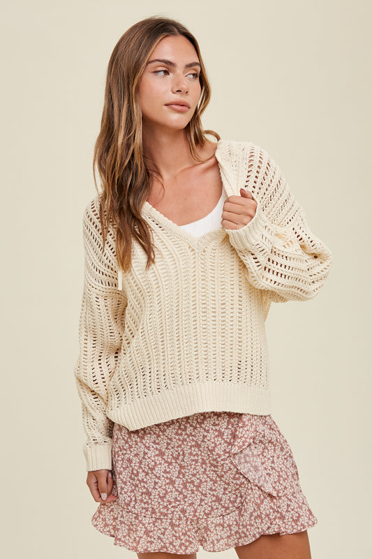 Wish List W Open Knit Hooded Sweater NATURAL