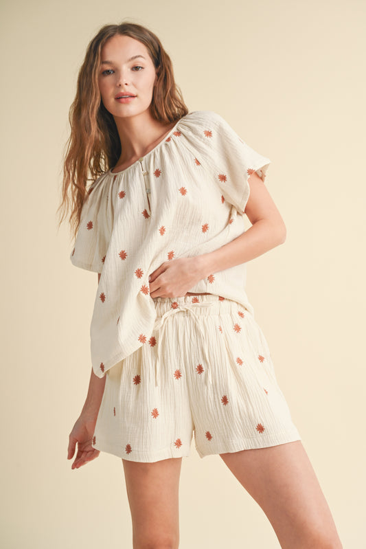 Wish List W Floral Embroidered Gauze Top CREAM