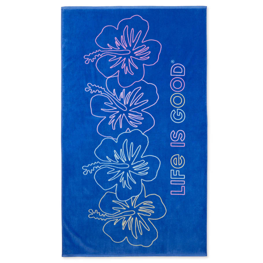 Life is Good Beach Towel Hibiscus Line Drawing CORNFLOWER BLUE