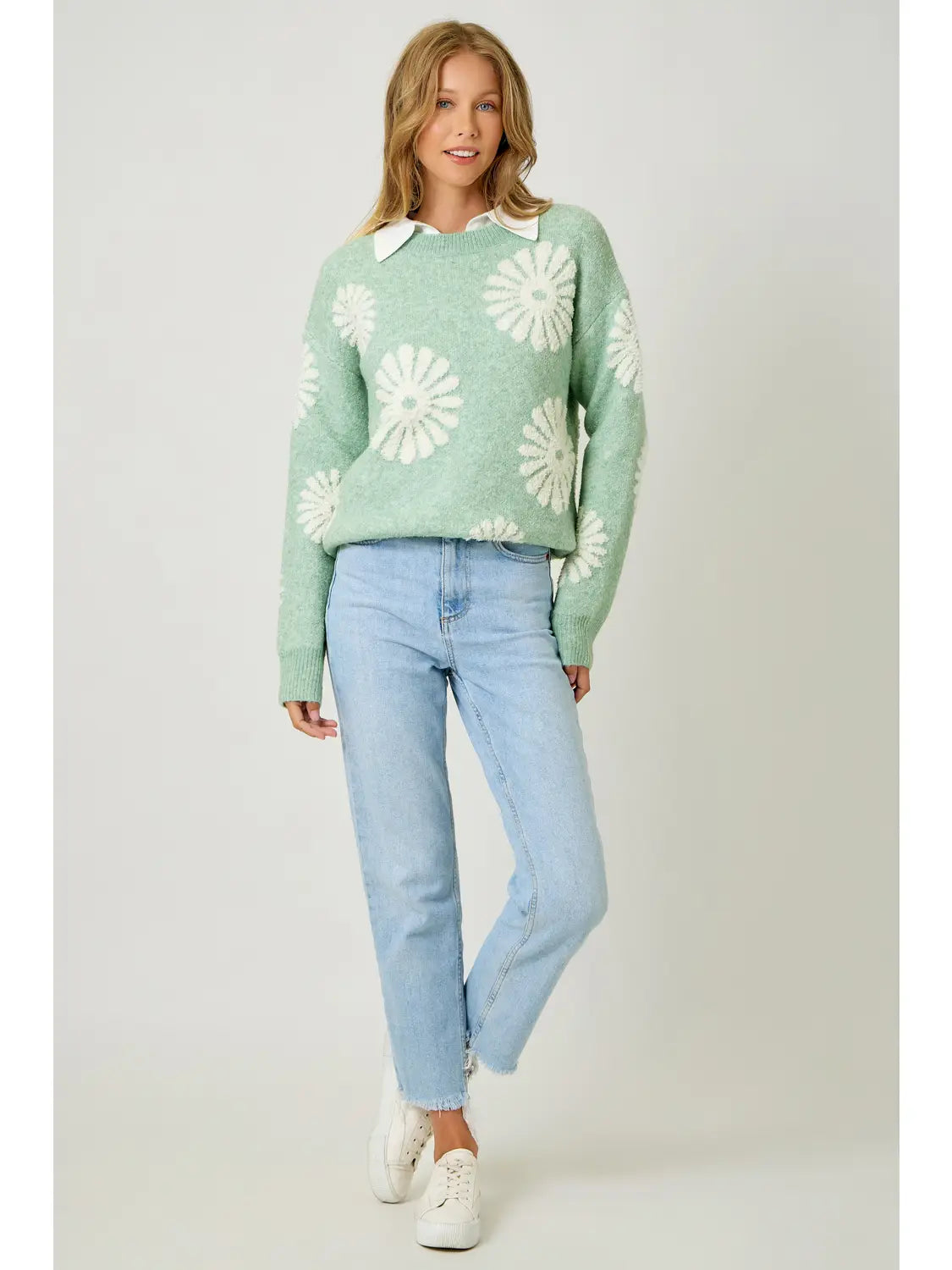 Mystree W Floral Flocked Sweater PASTEL GREEN