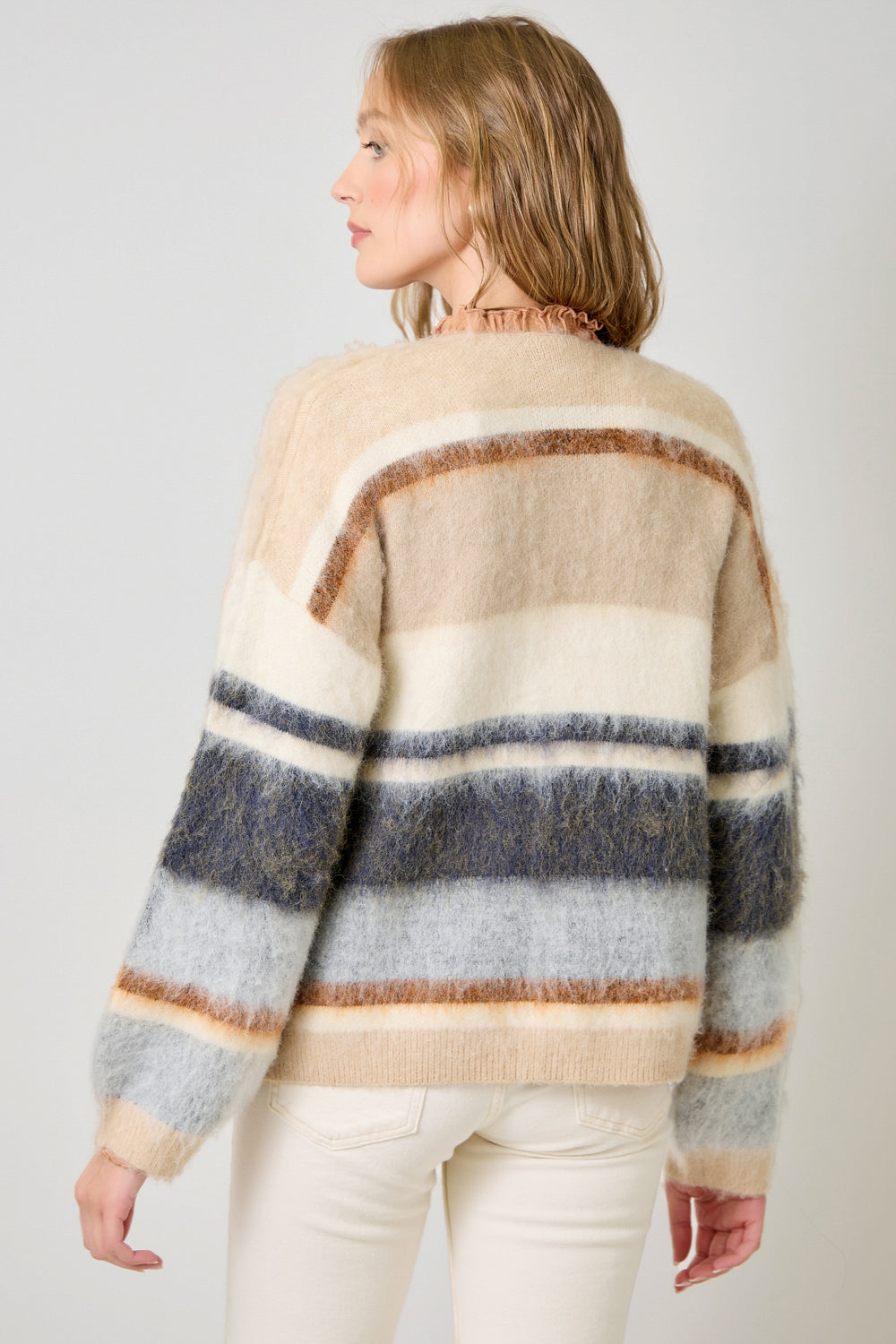 Mystree W Fuzzy Color Block Cardigan IVORY / OATMEAL