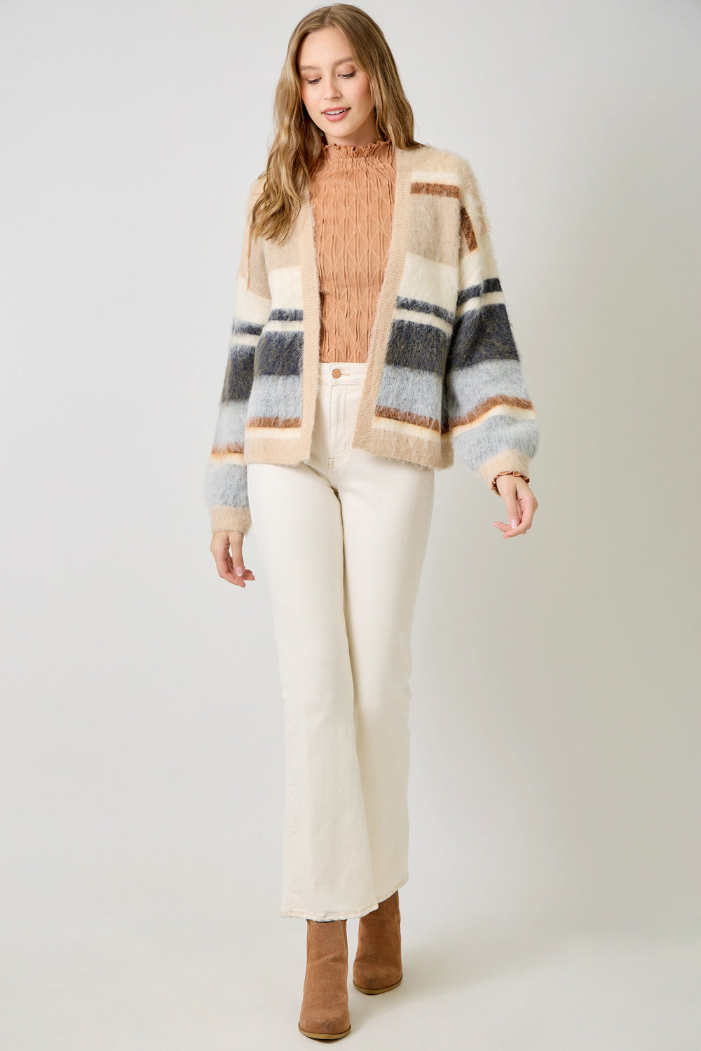 Mystree W Fuzzy Color Block Cardigan IVORY / OATMEAL