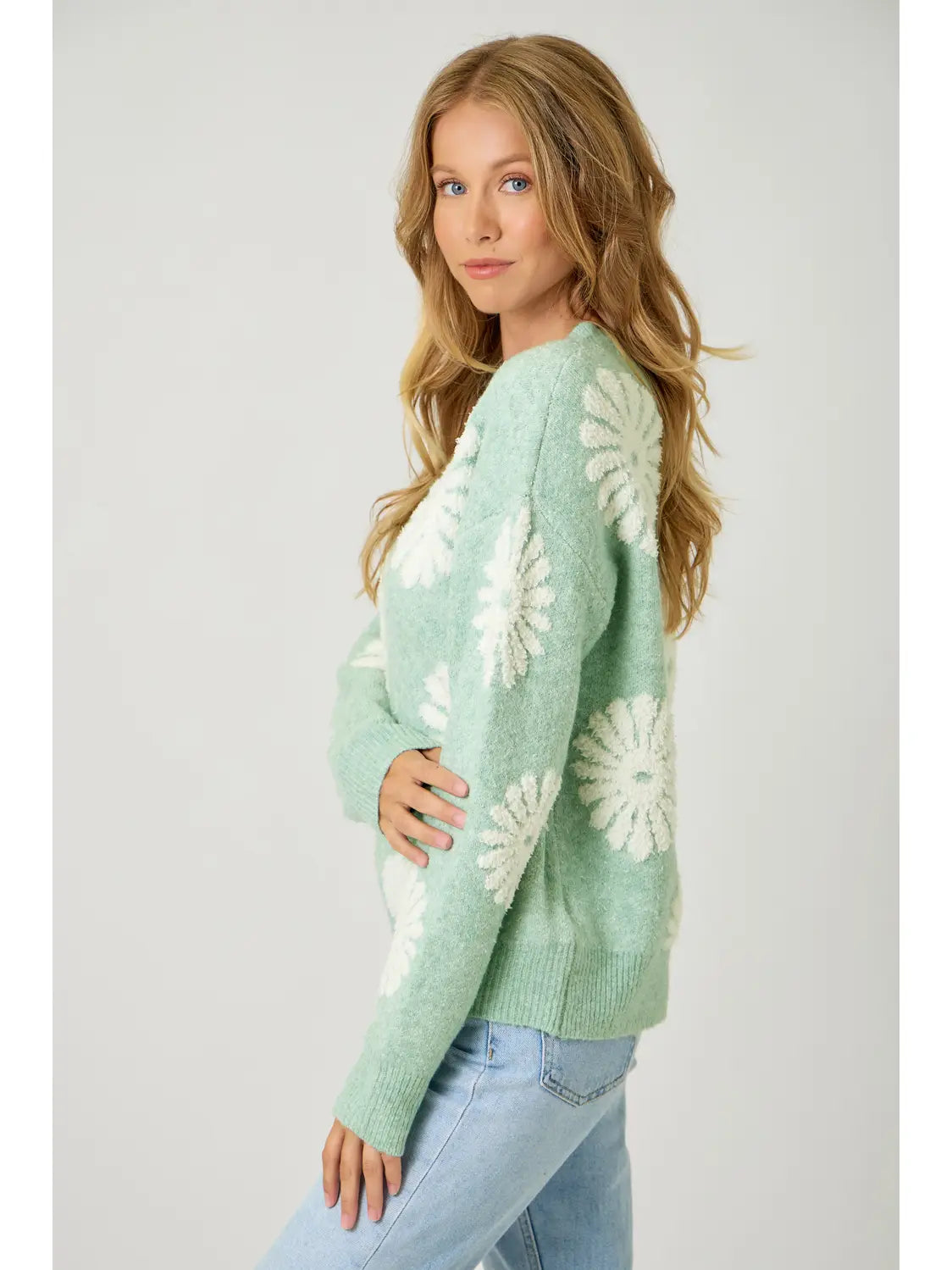 Mystree W Floral Flocked Sweater PASTEL GREEN