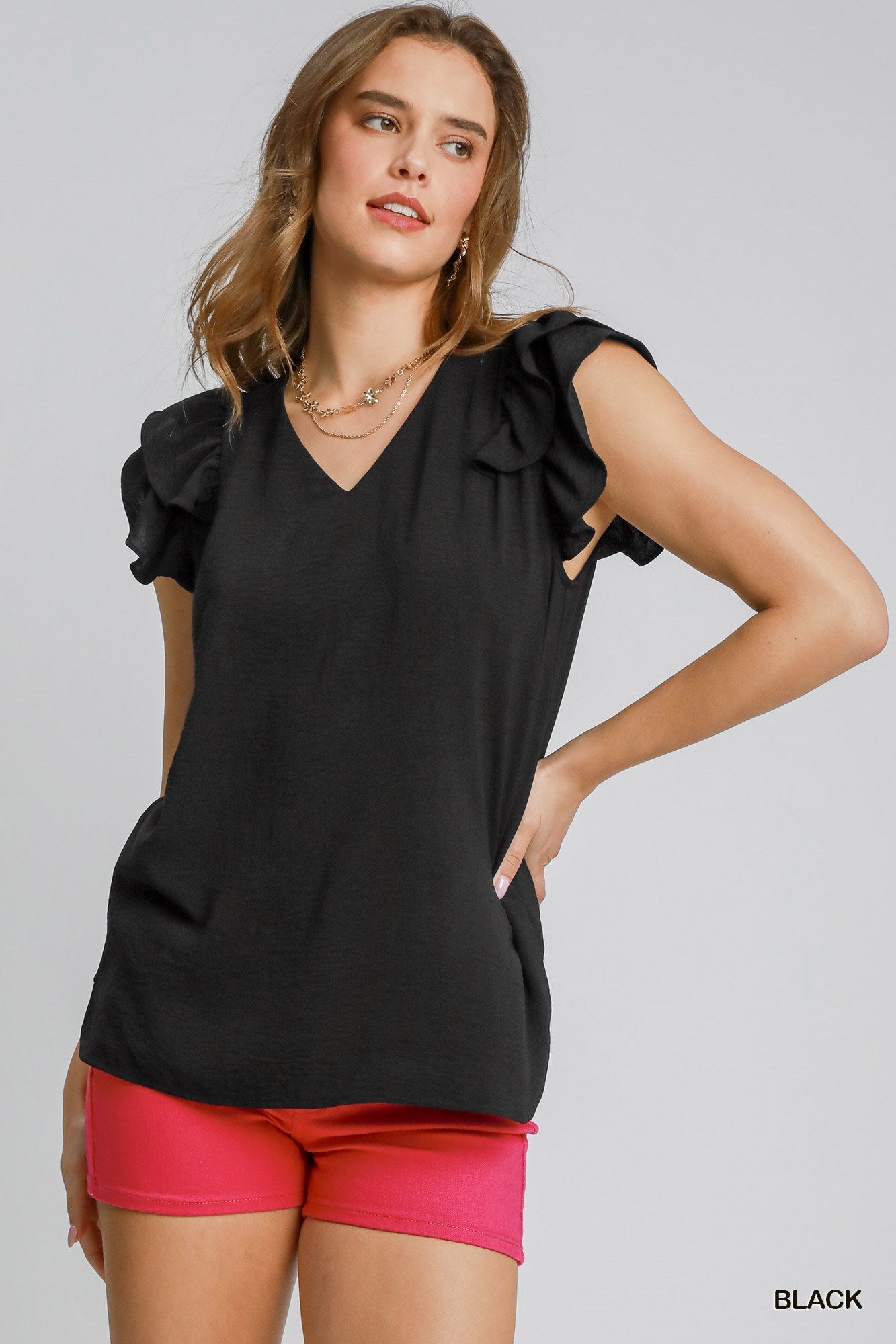 Umgee W V-Neck Flutter Sleeve Blouse BLACK