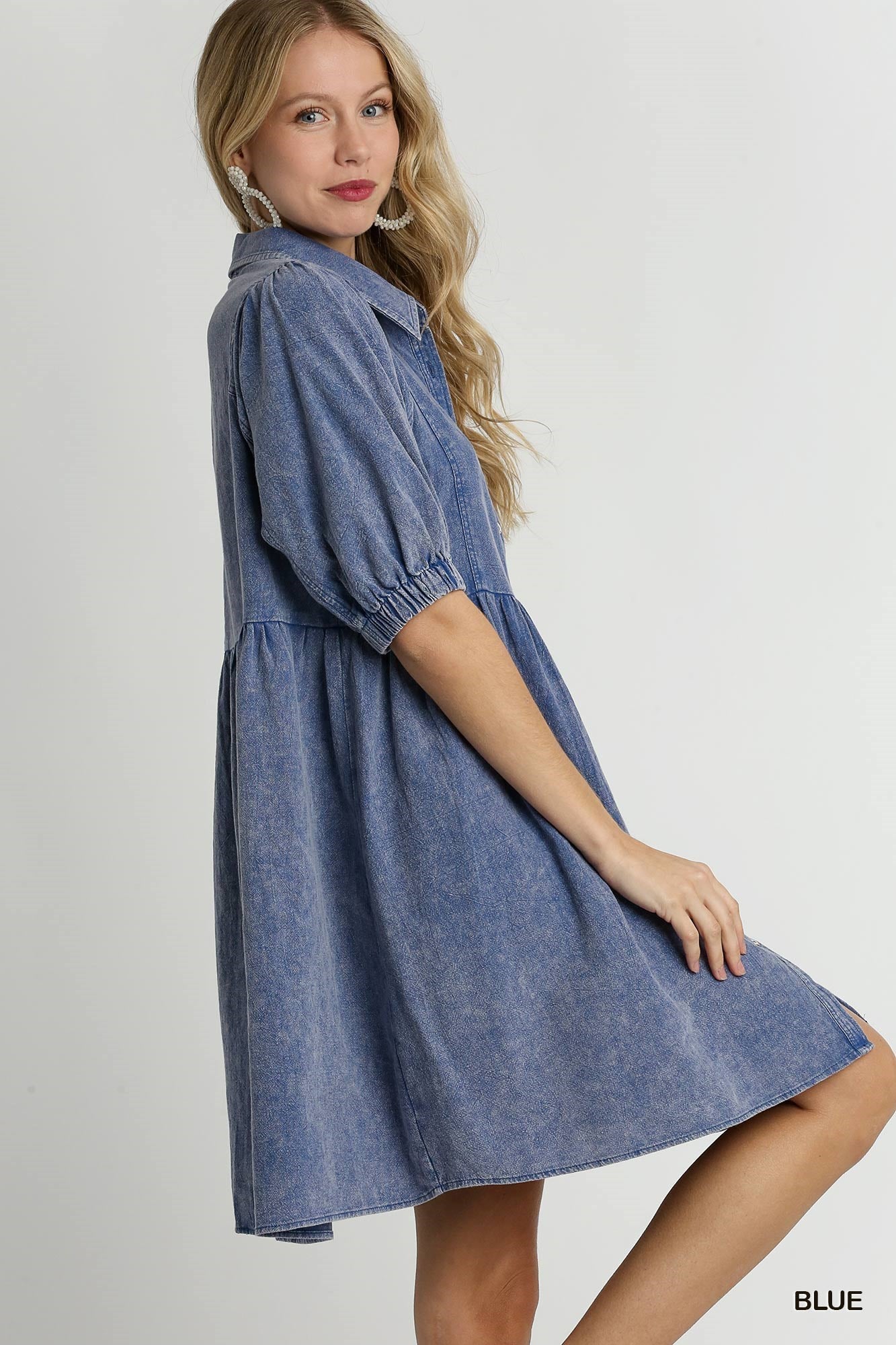 Umgee W Mineral Wash Button Down Collared Dress BLUE