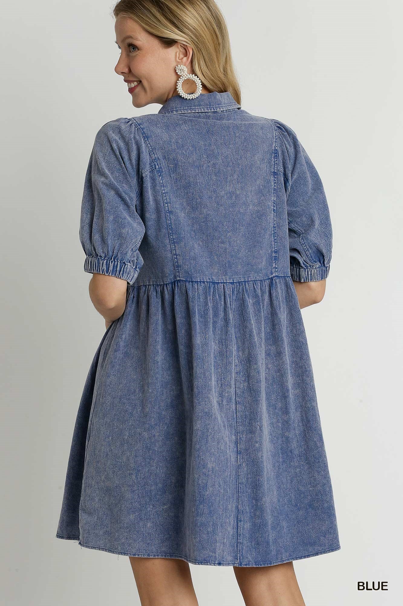 Umgee W Mineral Wash Button Down Collared Dress BLUE