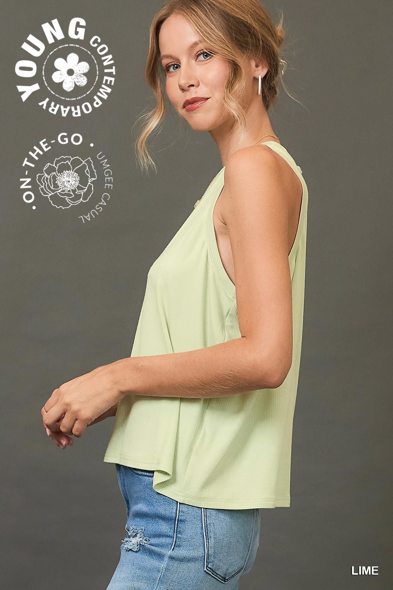 Umgee W Sleeveless Ribbed Top LIME