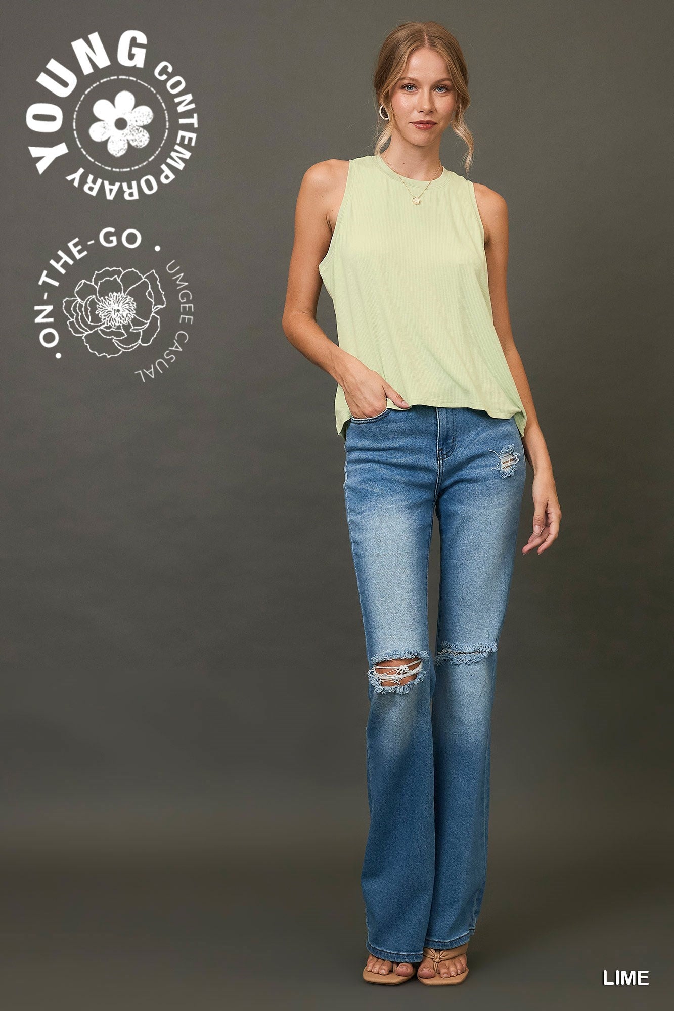 Umgee W Sleeveless Ribbed Top LIME