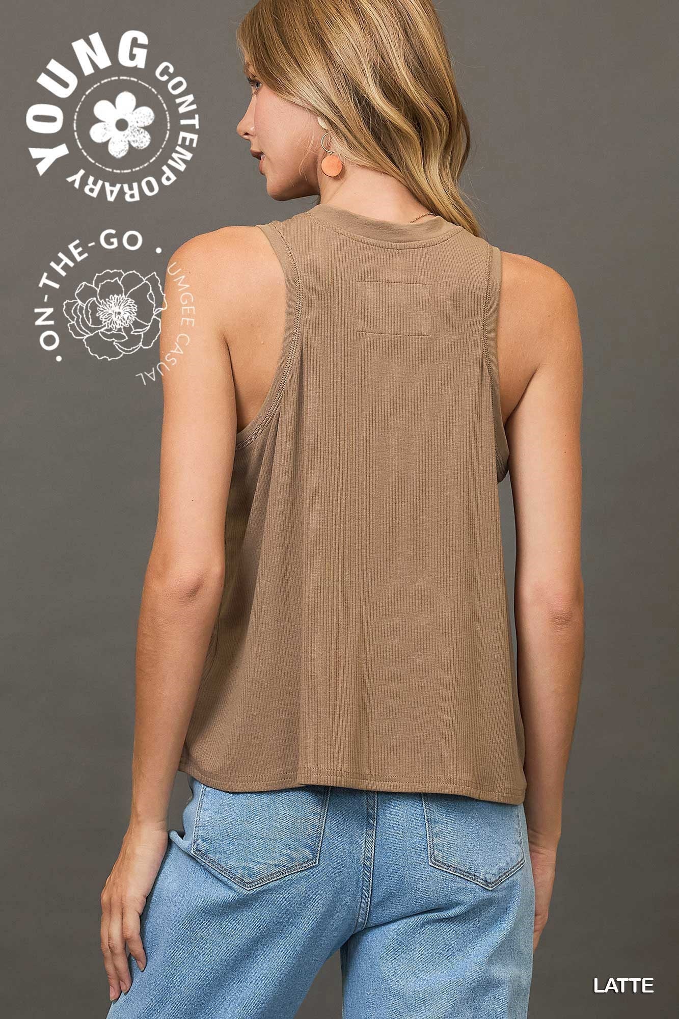 Umgee W Sleeveless Ribbed Top LATTE