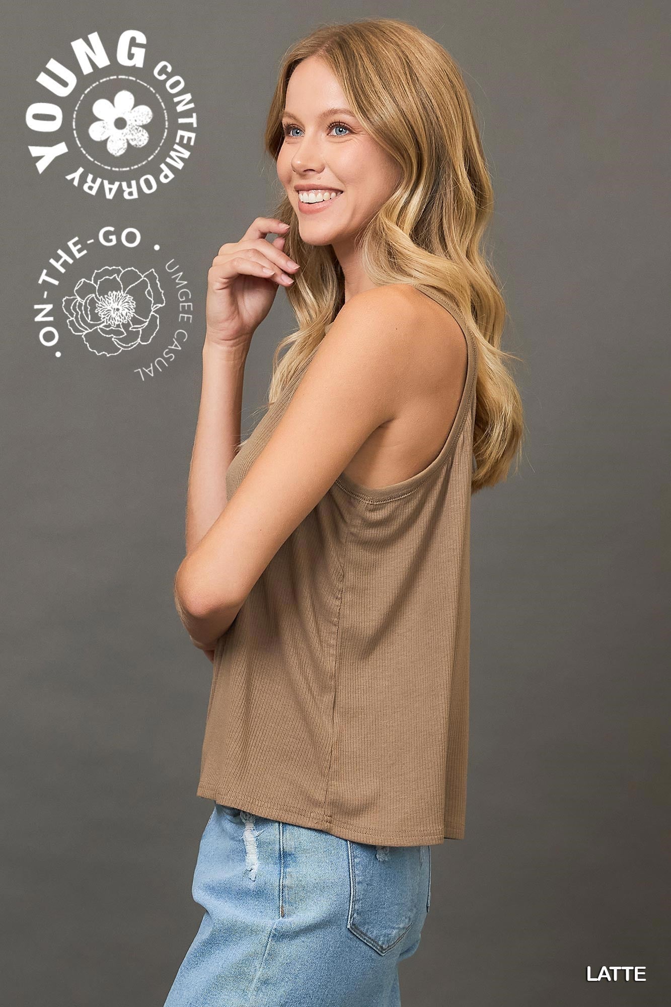 Umgee W Sleeveless Ribbed Top LATTE