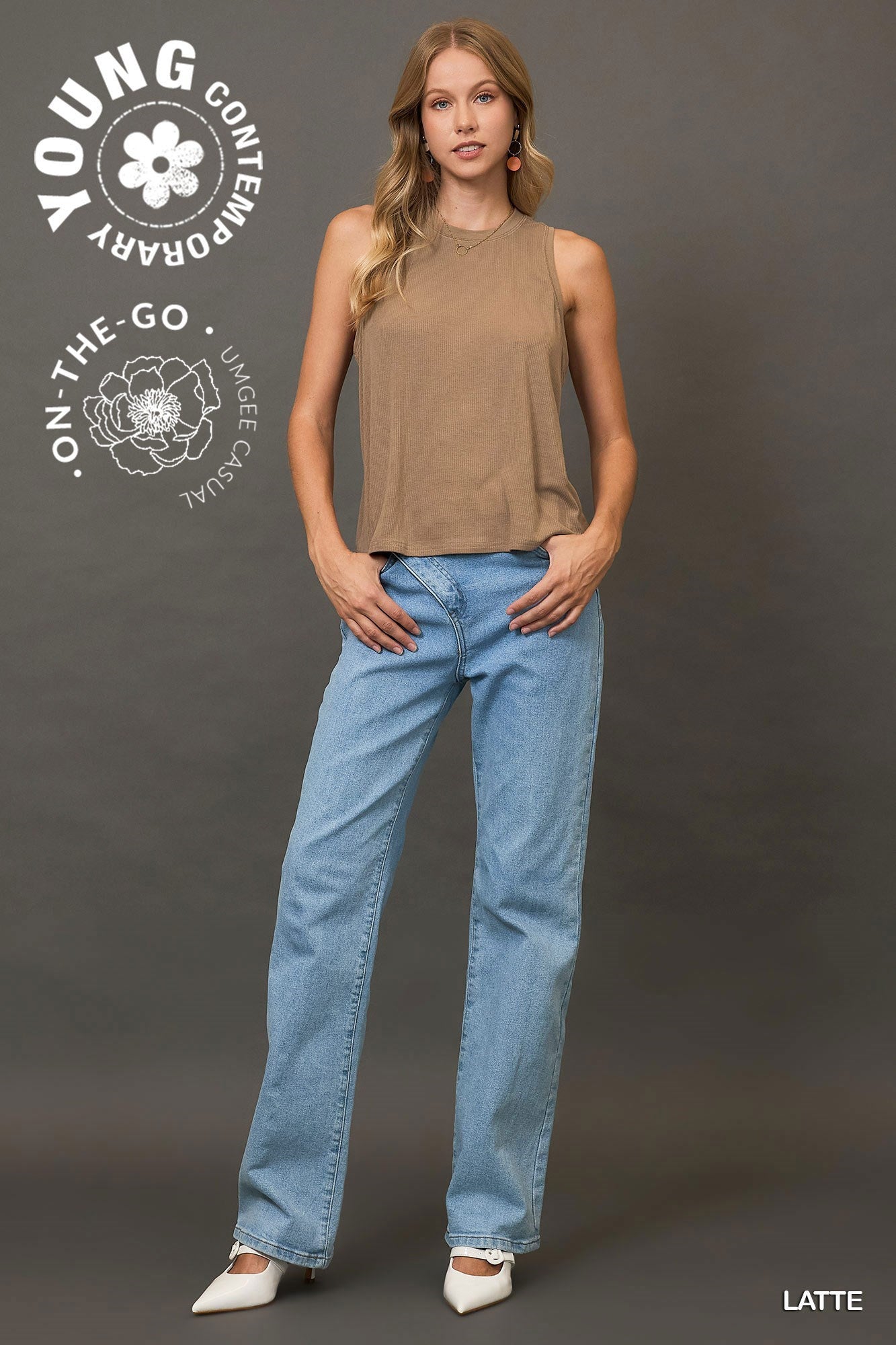 Umgee W Sleeveless Ribbed Top LATTE