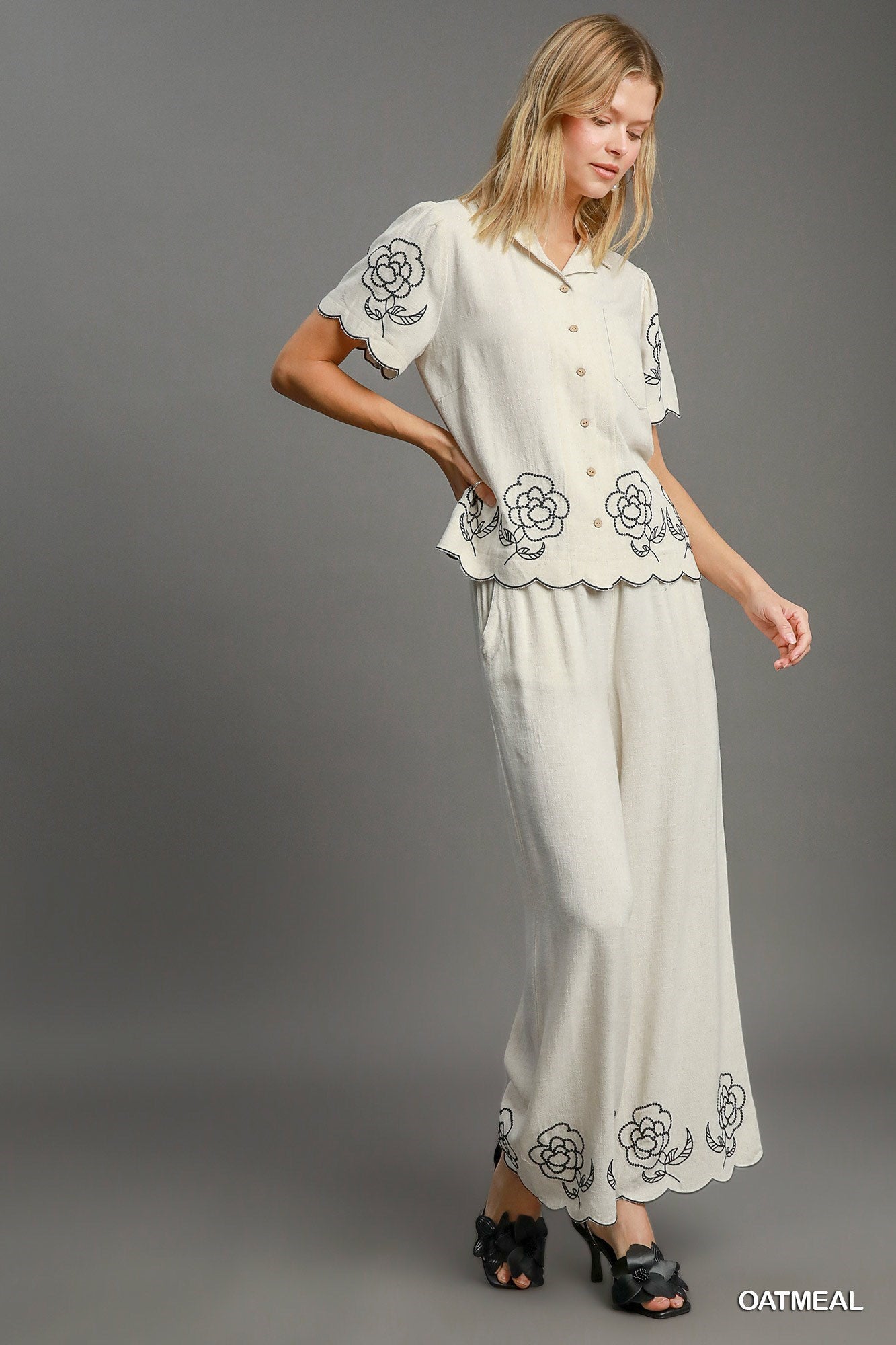 Umgee W Embroidered Scalloped Button Down OATMEAL