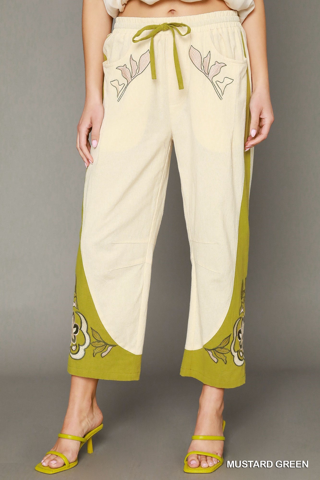 Umgee W Embroidered Barrel Pant MUSTARD GREEN