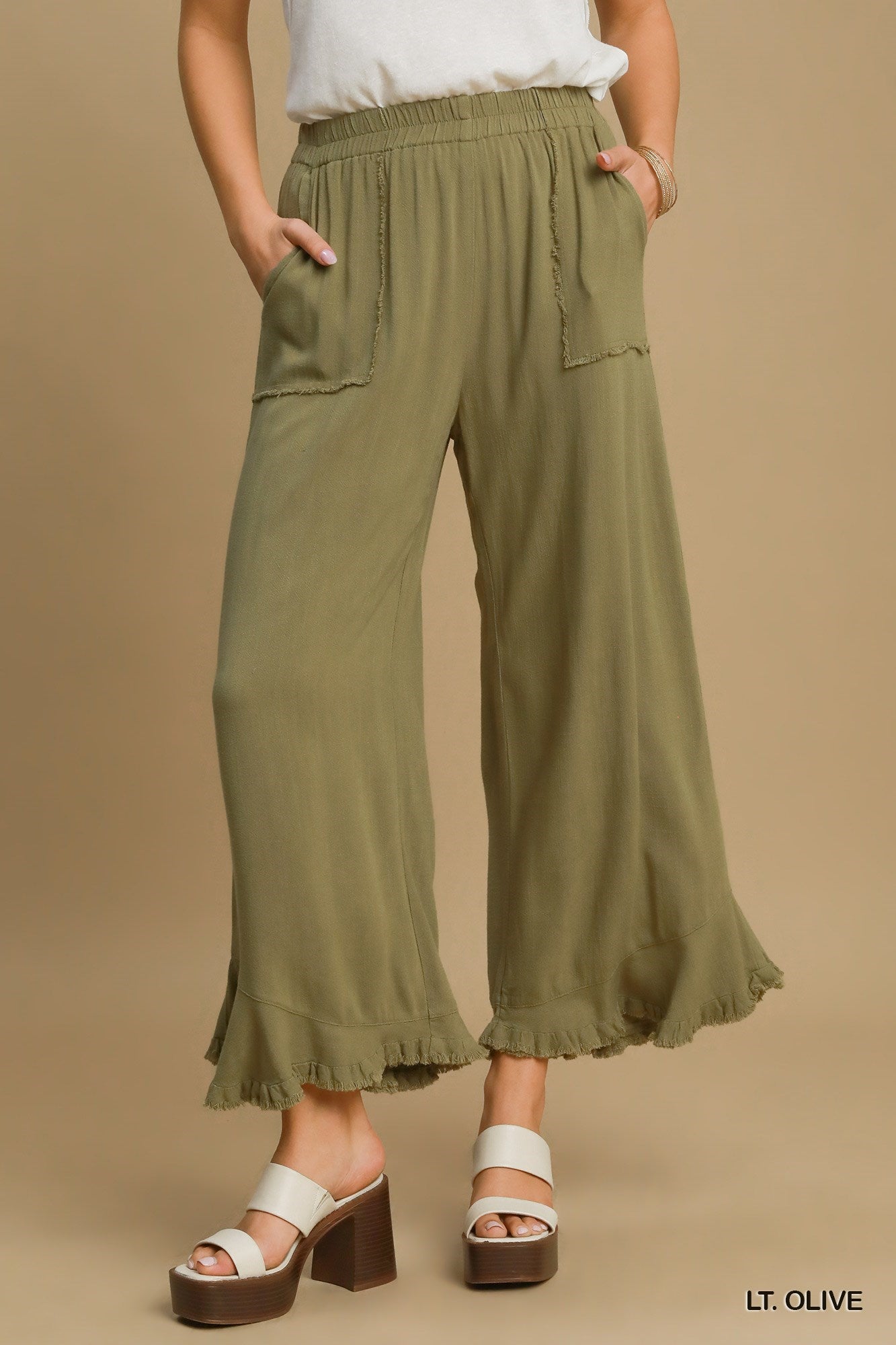 Umgee W Linen Blend Fray Pant OLIVE