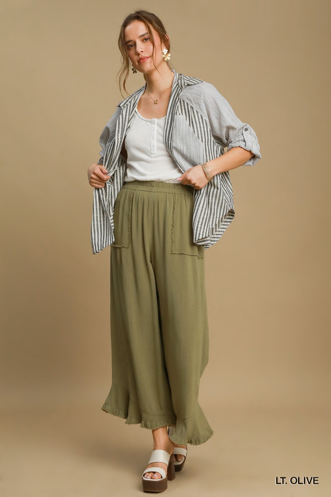 Umgee W Linen Blend Fray Pant OLIVE
