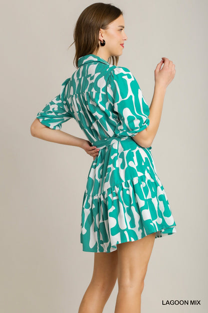 Umgee W Abstract Print Collared Dress LAGOON MIX