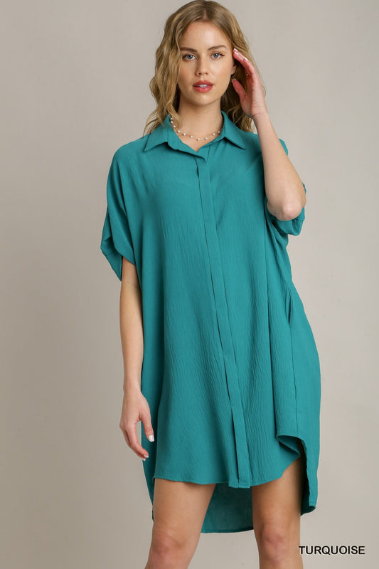 Umgee W Button Down High Low Hem Dress TURQUOISE