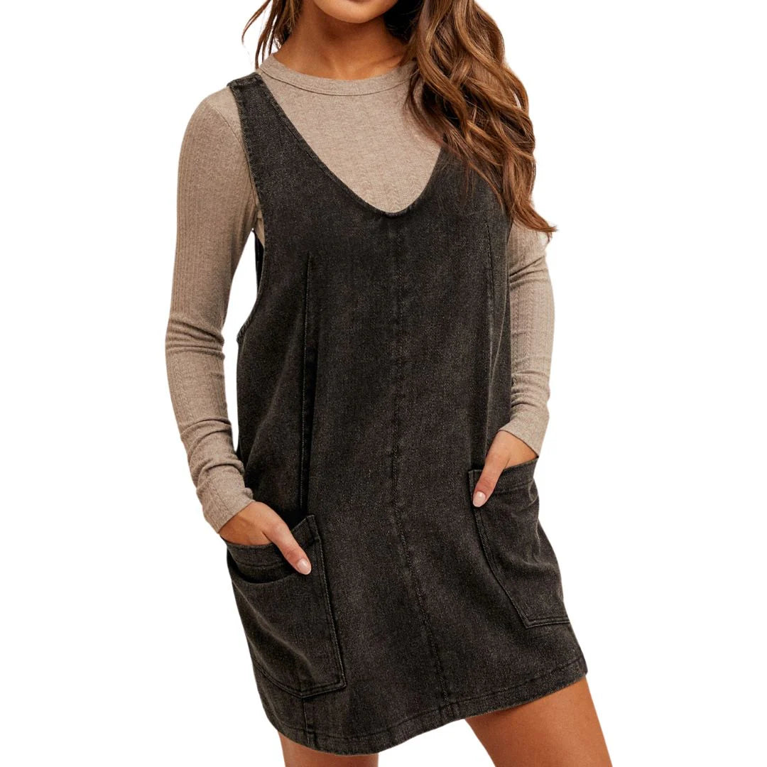 Hem & Thread W Snow Wash Twill Overall Dress BLACK