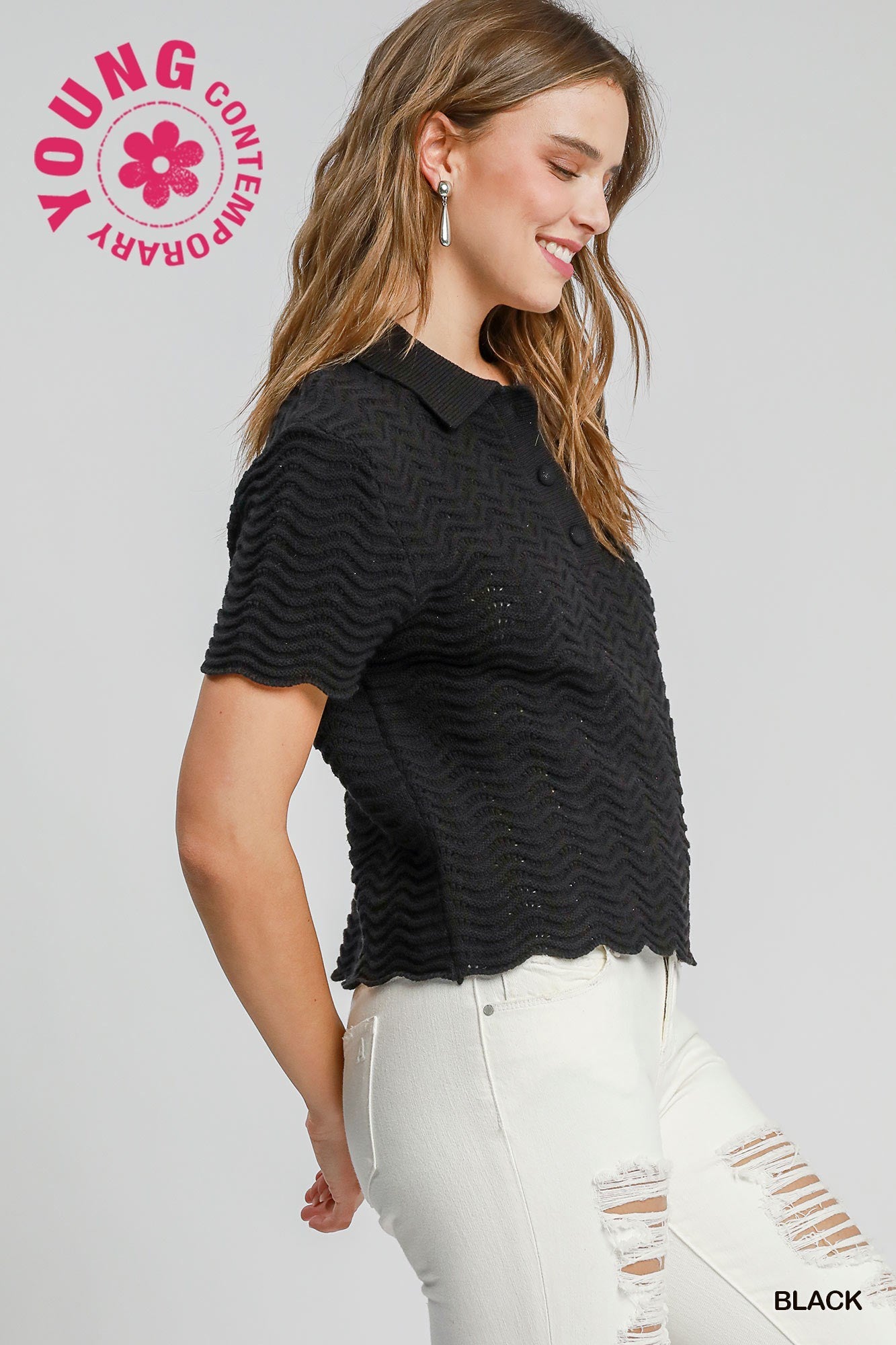 Umgee W Collared Sweater Top BLACK