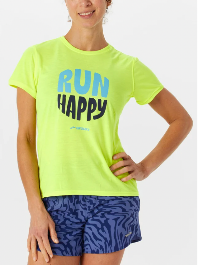 Brooks W SS Distance Tee NEON YELLOW/RUN HAPPY
