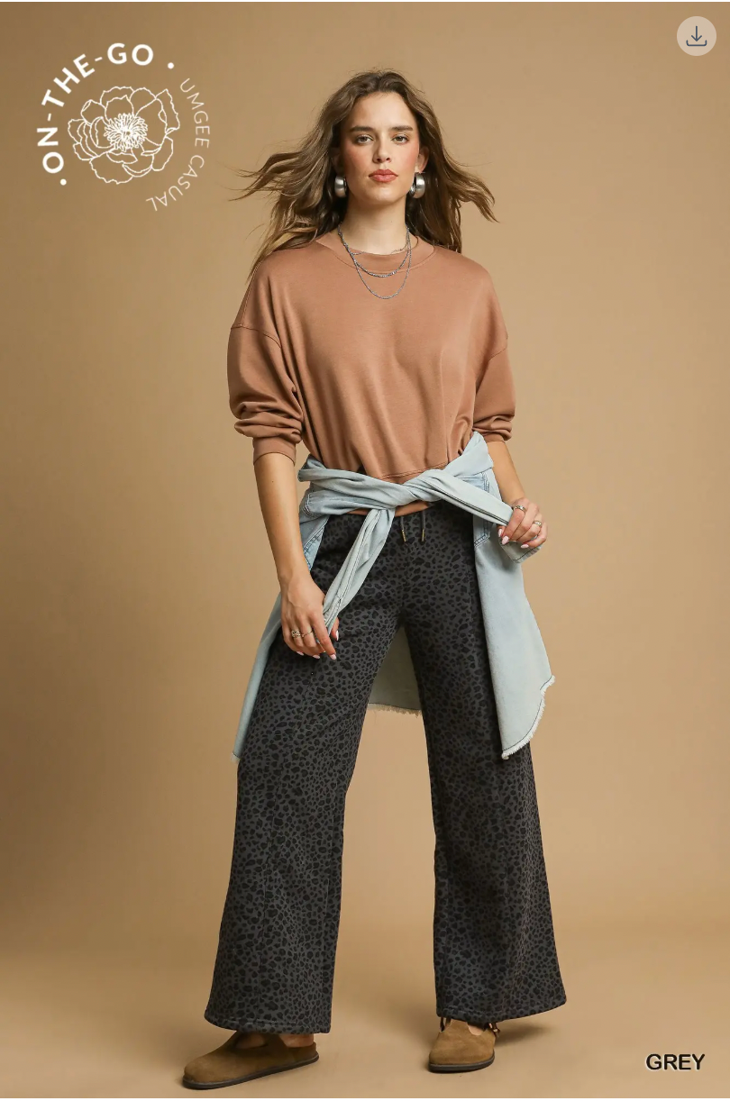 Umgee W Animal Print High Waisted Sweatpants GREY