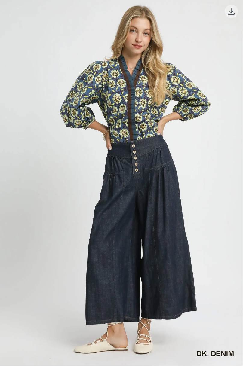 Umgee W Stone Wash Wide Leg Pant DARK DENIM