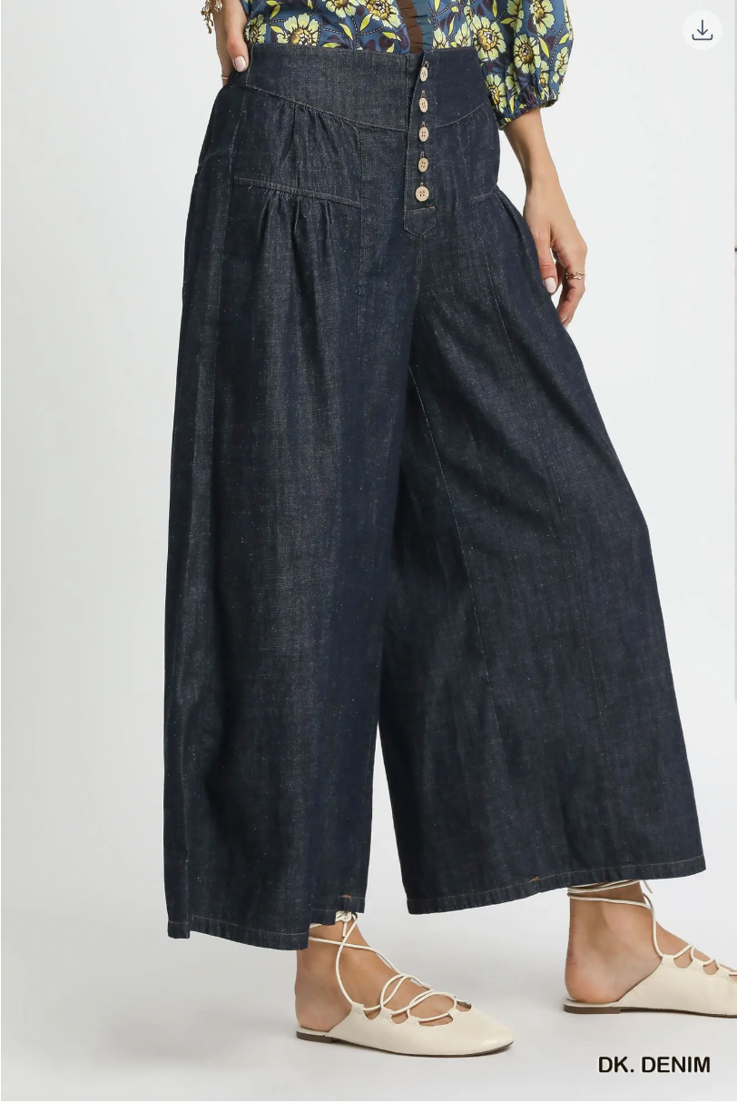 Umgee W Stone Wash Wide Leg Pant DARK DENIM