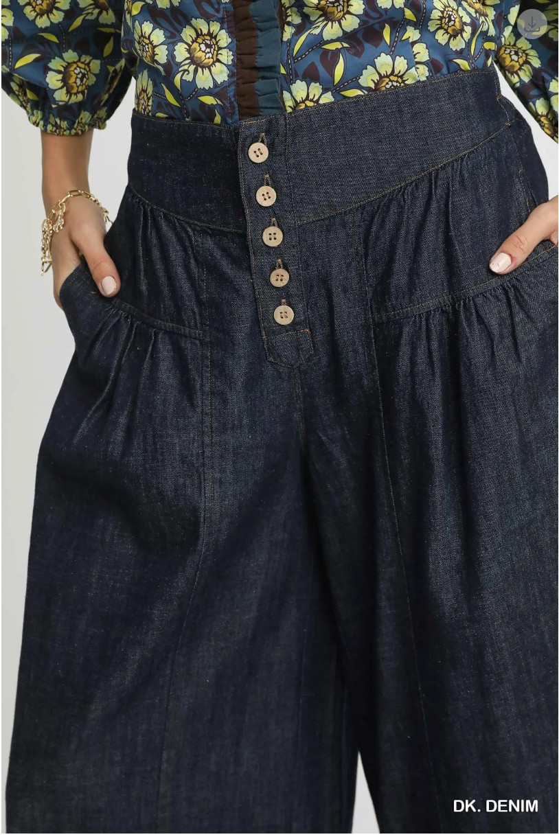 Umgee W Stone Wash Wide Leg Pant DARK DENIM