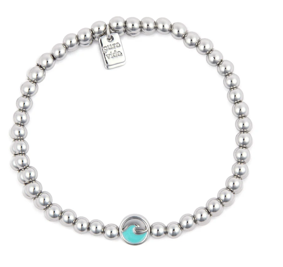 Pura Vida Enamel Wave Ball Bead Stretch Bracelet SILVER