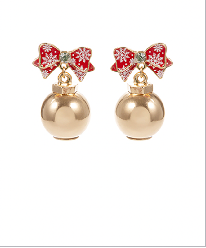 Golden Stella Christmas Ornament & Bow Earrings GOLD / RED