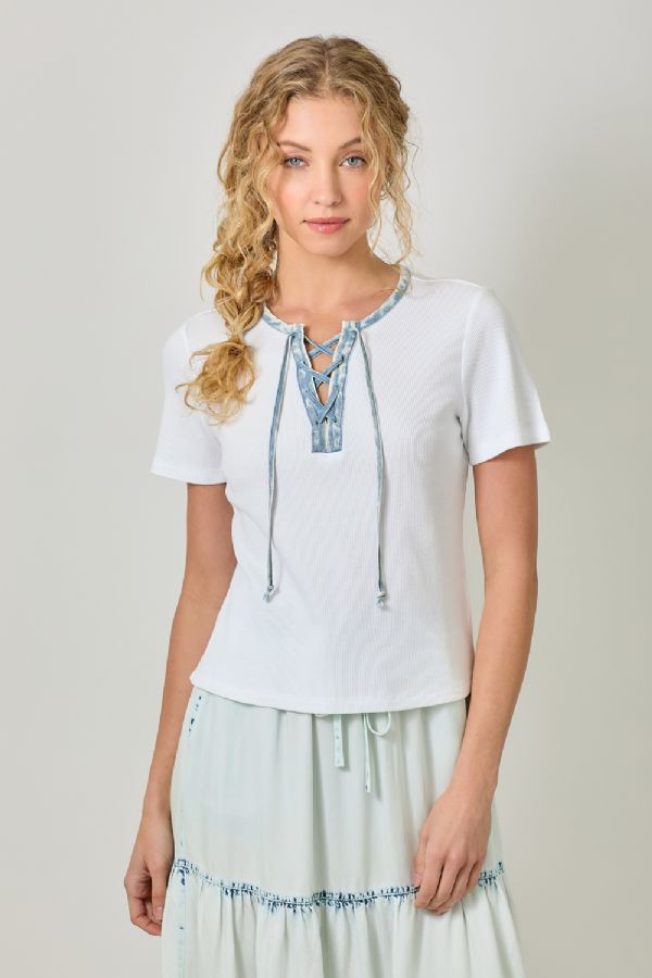Mystree W Lace Up Neck Top OFF WHITE