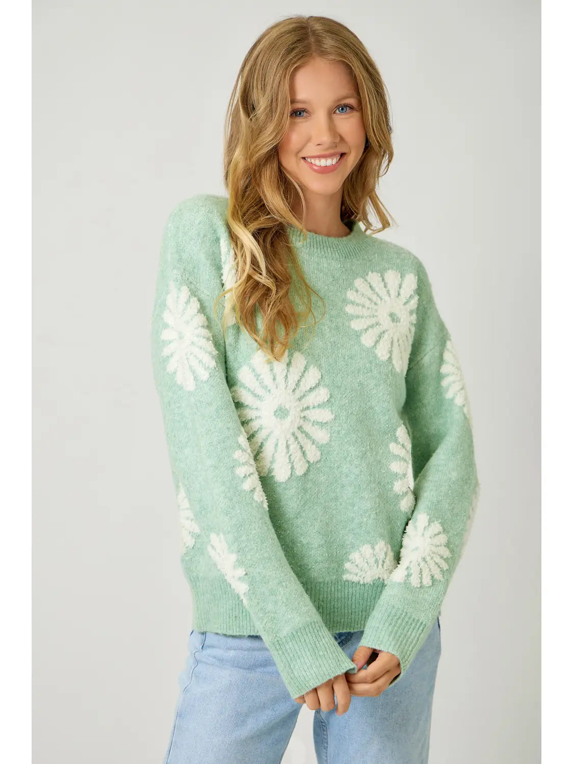 Mystree W Floral Flocked Sweater PASTEL GREEN