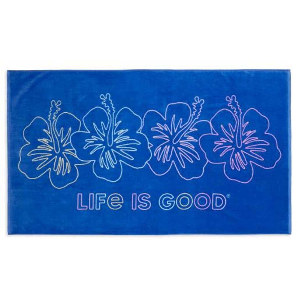 Life is Good Beach Towel Hibiscus Line Drawing CORNFLOWER BLUE