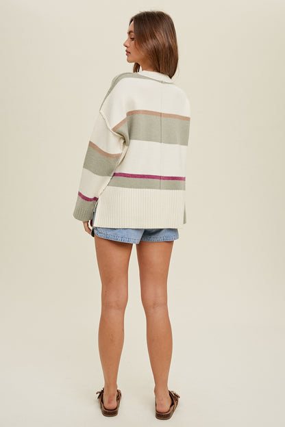 Wish List W LS Multi - Striped Sweater CREAM/SAGE