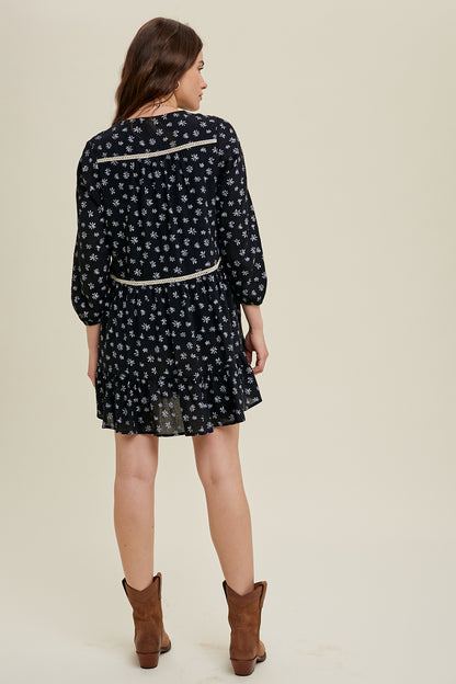 Wish List W Floral Mini Dress w Crochet Trim BLACK