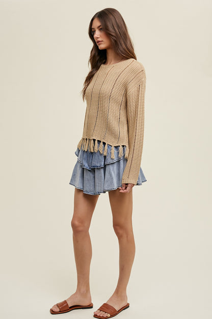 Wish List W Knit Tassel Sweater TAUPE