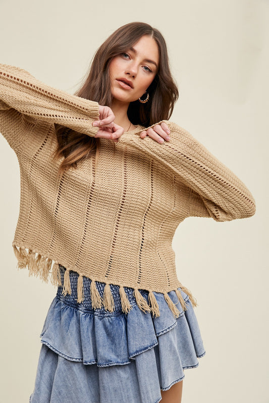 Wish List W Knit Tassel Sweater TAUPE