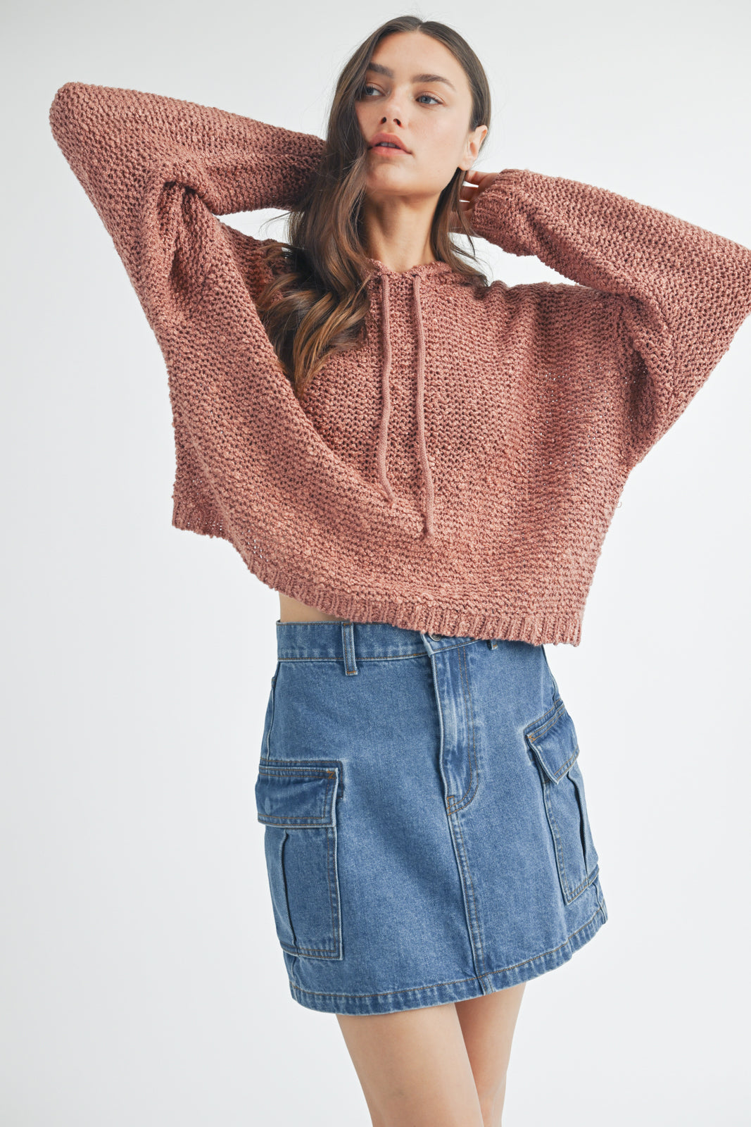 Wish List W Textured Hooded Sweater ROSE