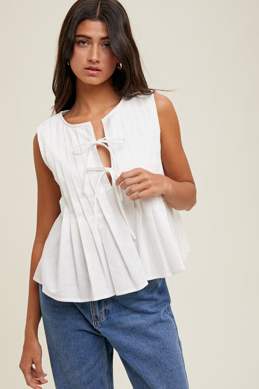 Wish List W Pleated Bow Detail Top WHITE