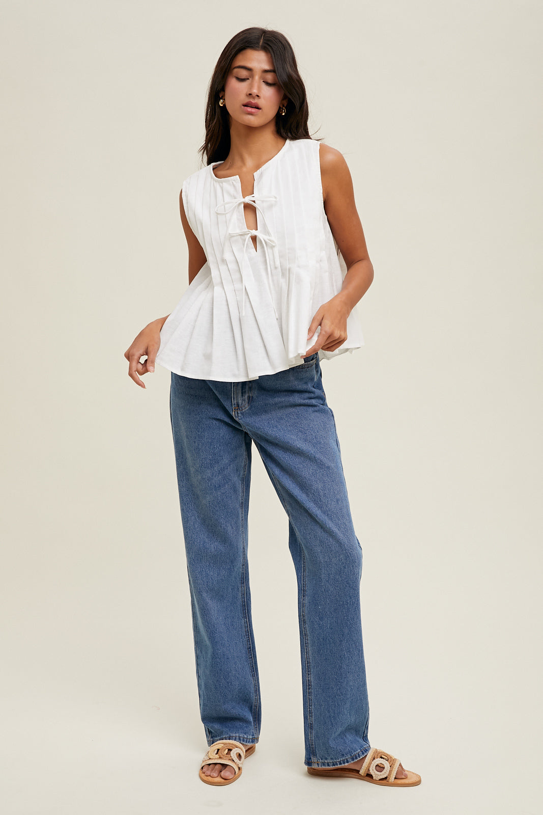 Wish List W Pleated Bow Detail Top WHITE