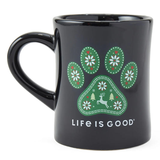 Life Is Good Diner Mug Holiday Nordic Paw JET BLACK