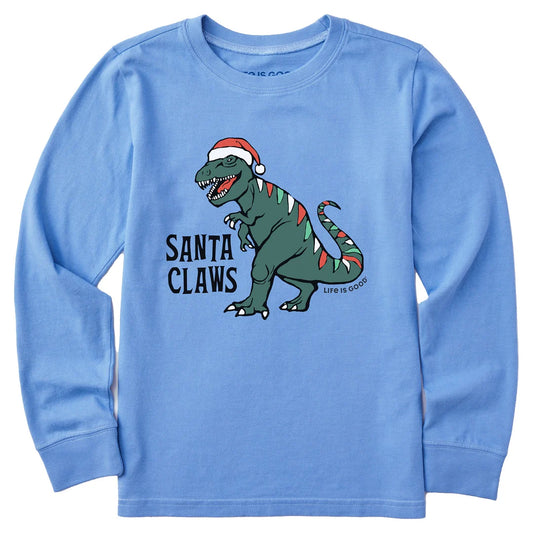 Life is Good Kid's LS Crusher Santa Claws Dino Tee CORNFLOWER BLUE