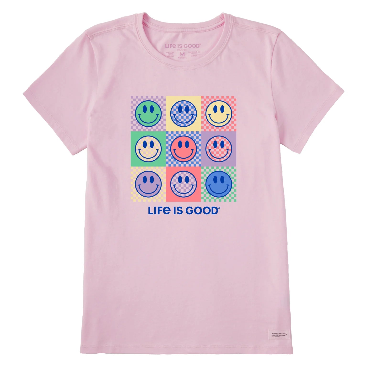 Life is Good W SS Crusher Checkerboard Smilies Tee SEASHELL PINK