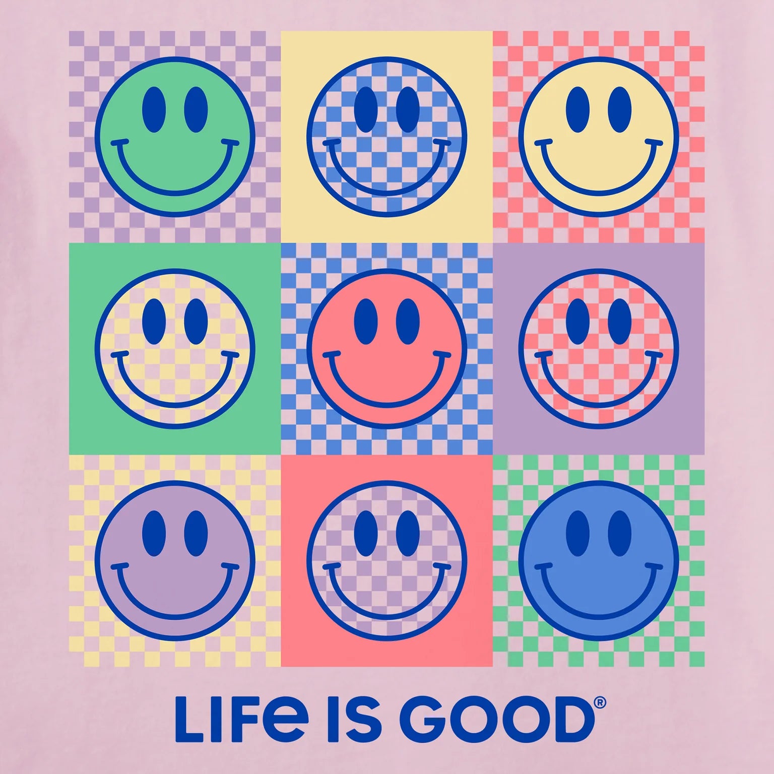 Life is Good W SS Crusher Checkerboard Smilies Tee SEASHELL PINK