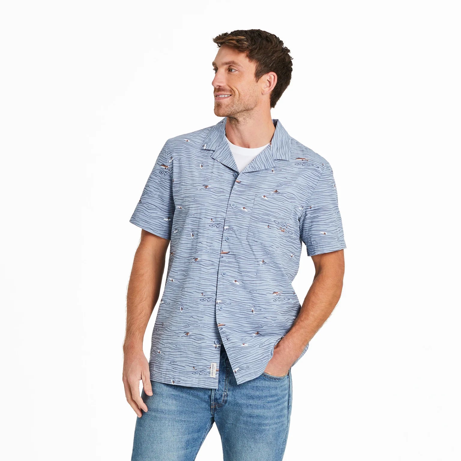 Life is Good M SS Camp Shirt Water Sports SMOKE BLUE