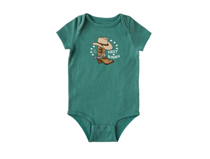 Life is Good Baby Crusher Not First Rodeo Bodysuit SPRUCE GREEN