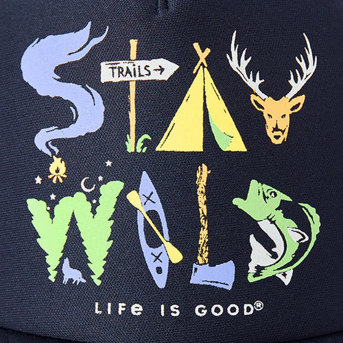 Life is Good Kids Trucker Hat Stay Wild DARKEST BLUE