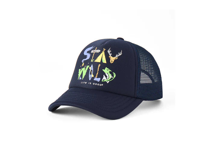 Life is Good Kids Trucker Hat Stay Wild DARKEST BLUE