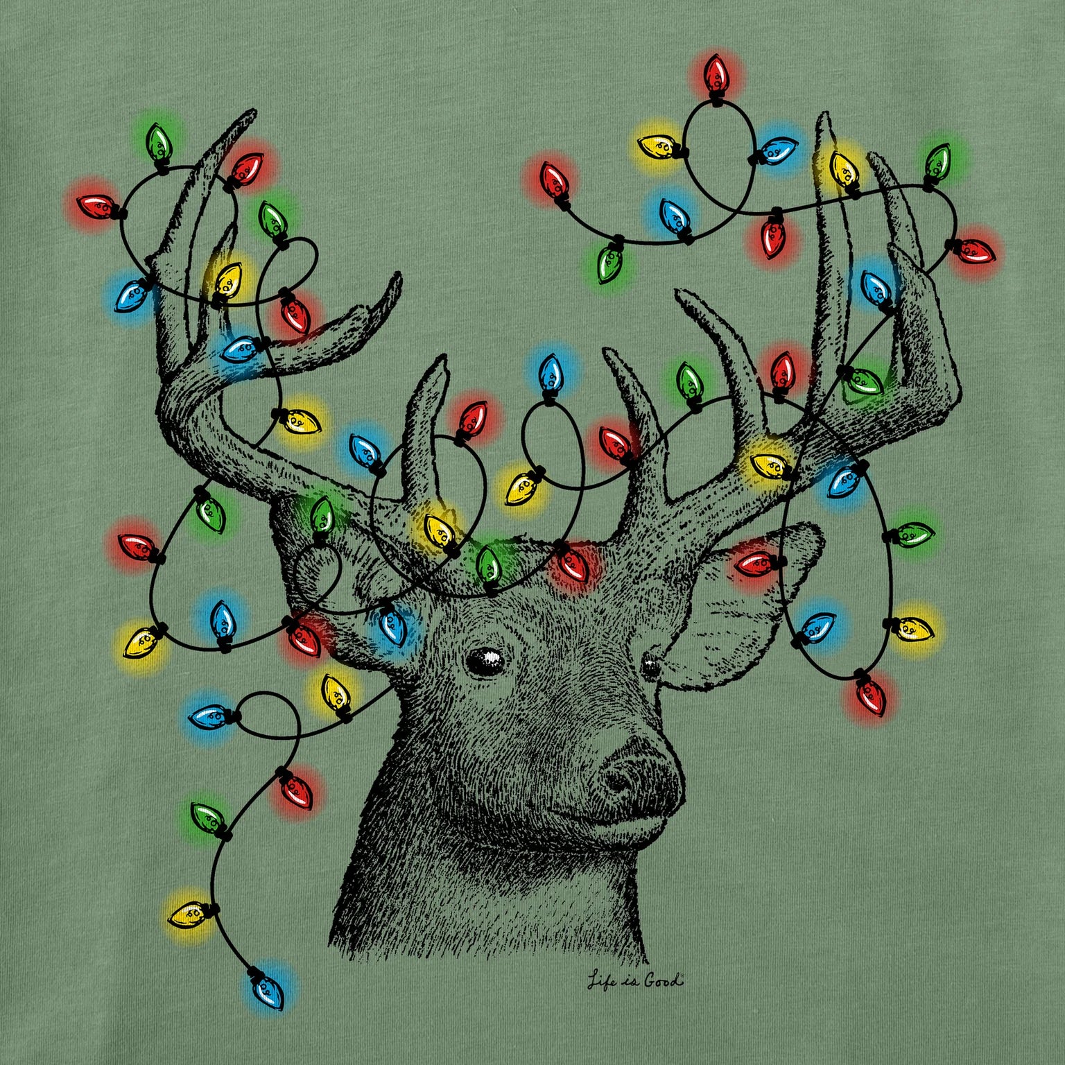 Life is Good M LS Crusher Buck Head Tee XMAS Lights GRANITE GREEN