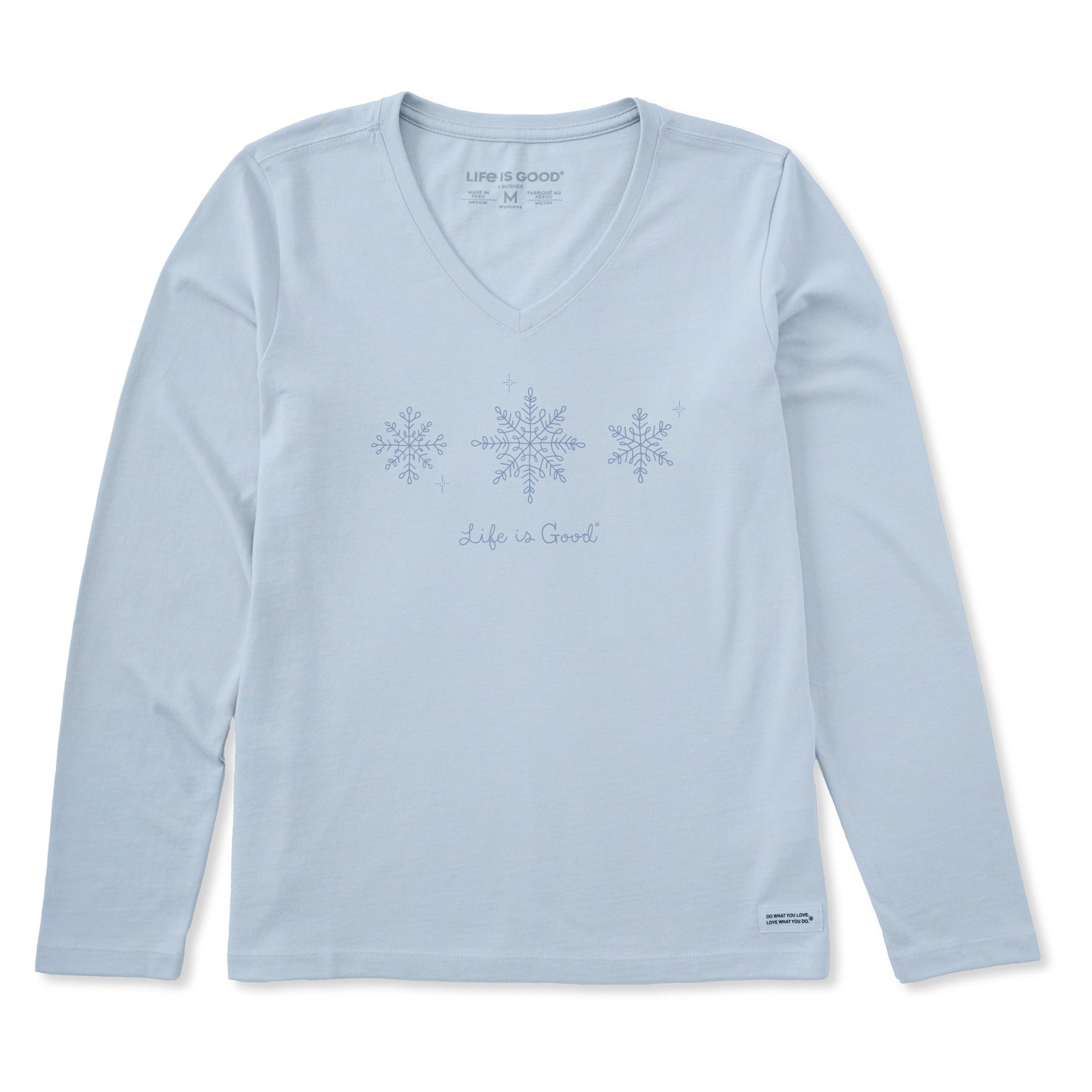 Life Is Good W LS Crusher Vee Three Doodle Snowflakes GLACIER BLUE